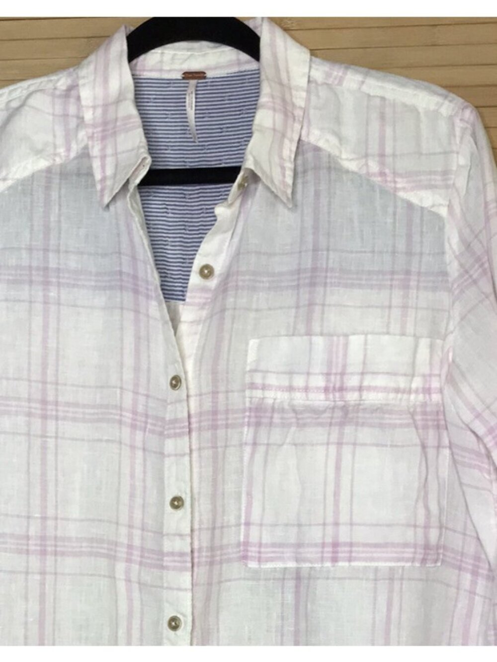 Free People Linen Plaid Button Down Blouse Small Pink White sz S - Picture 3 of 5